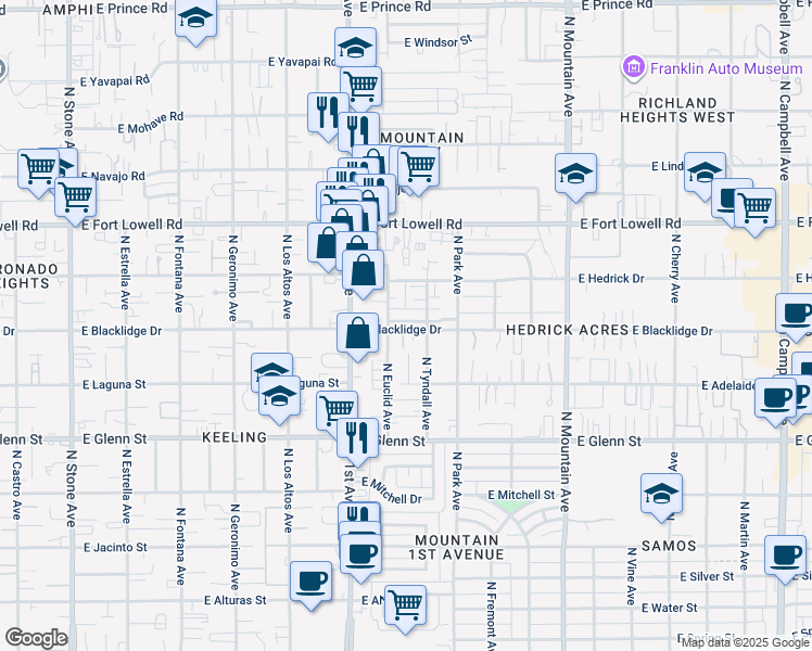 map of restaurants, bars, coffee shops, grocery stores, and more near 3021 North Euclid Avenue in Tucson