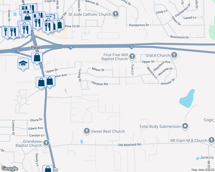 map of restaurants, bars, coffee shops, grocery stores, and more near 2380 Harahan Road in Pearl