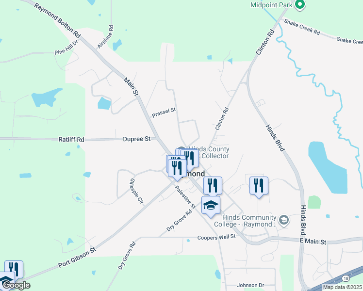 map of restaurants, bars, coffee shops, grocery stores, and more near 233 North Oak Street in Raymond
