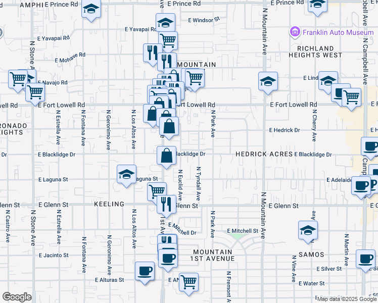 map of restaurants, bars, coffee shops, grocery stores, and more near 3021 North Euclid Avenue in Tucson