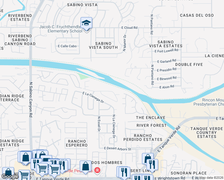 map of restaurants, bars, coffee shops, grocery stores, and more near 7659 East Park View Drive in Tucson