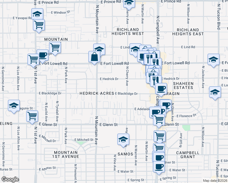 map of restaurants, bars, coffee shops, grocery stores, and more near 1439 East Blacklidge Drive in Tucson