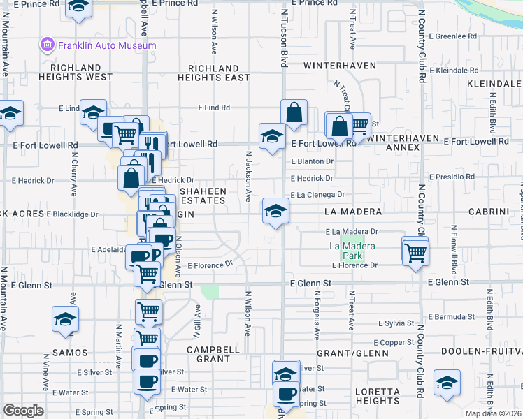 map of restaurants, bars, coffee shops, grocery stores, and more near 2325 East Blacklidge Drive in Tucson
