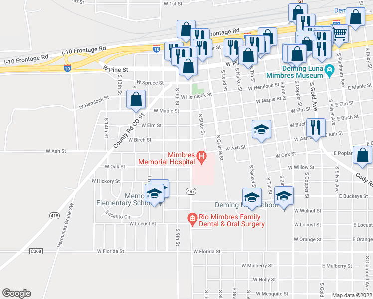 map of restaurants, bars, coffee shops, grocery stores, and more near 919 West Ash Street in Deming