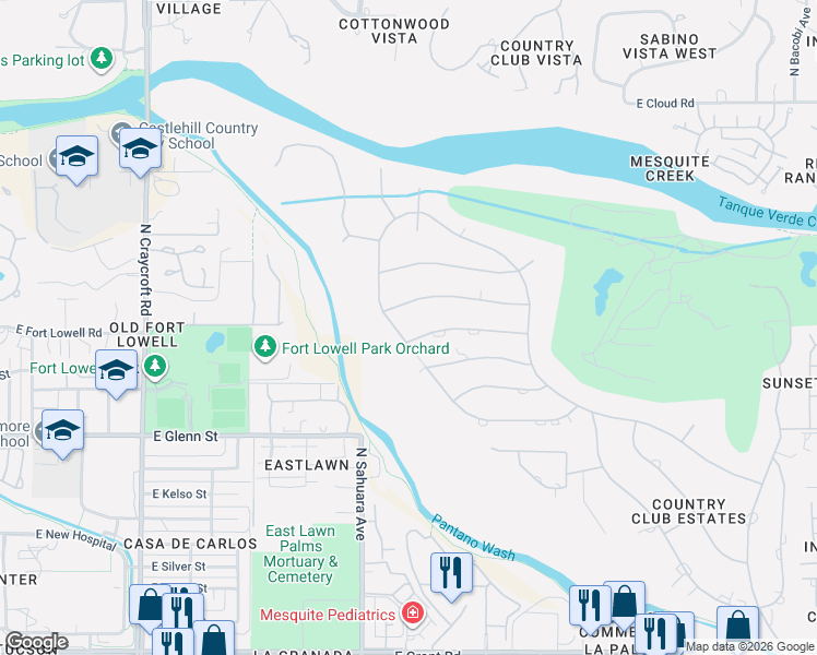 map of restaurants, bars, coffee shops, grocery stores, and more near 5930 East San Marino Drive in Tucson
