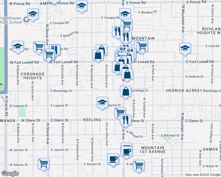 map of restaurants, bars, coffee shops, grocery stores, and more near 3028 North 2nd Avenue in Tucson