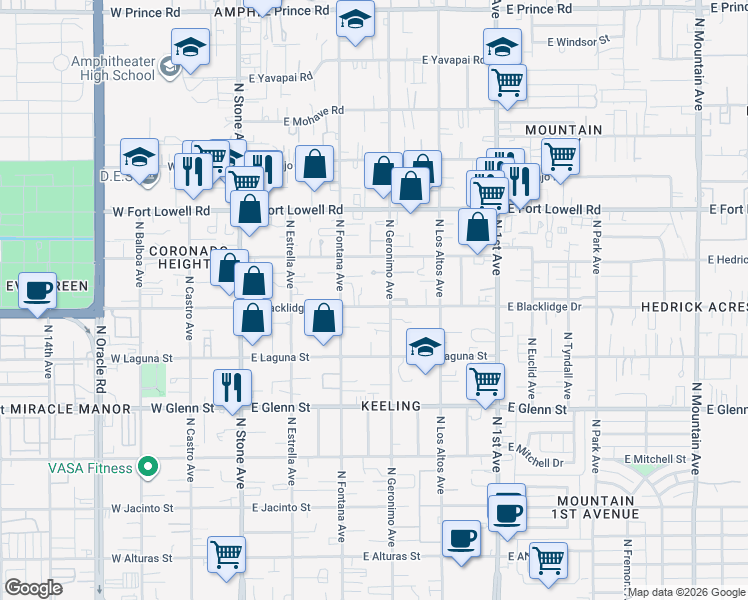 map of restaurants, bars, coffee shops, grocery stores, and more near 319 East Blacklidge Drive in Tucson