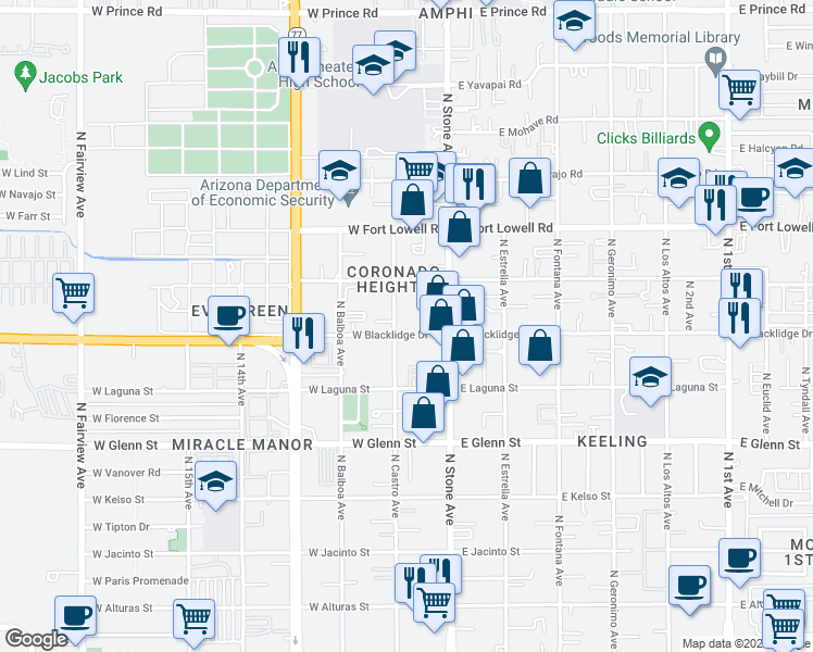 map of restaurants, bars, coffee shops, grocery stores, and more near 3034 North Castro Avenue in Tucson