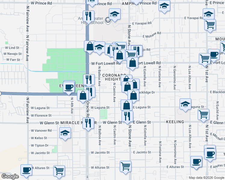 map of restaurants, bars, coffee shops, grocery stores, and more near 3015 North Castro Avenue in Tucson