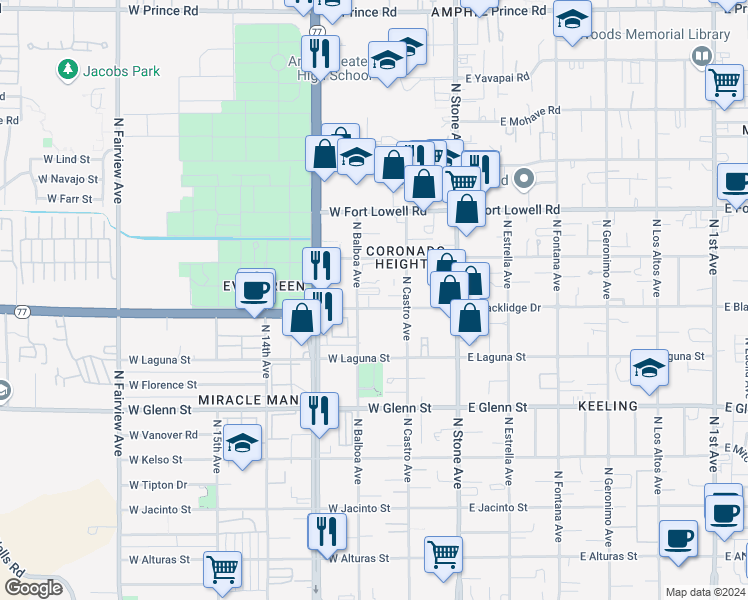 map of restaurants, bars, coffee shops, grocery stores, and more near 3036 North Balboa Avenue in Tucson