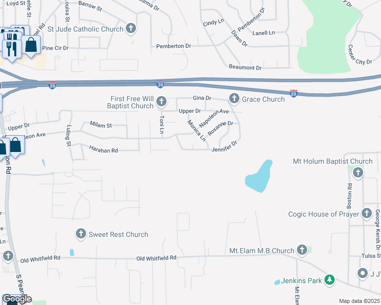 map of restaurants, bars, coffee shops, grocery stores, and more near 2543 Jennifer Drive in Pearl