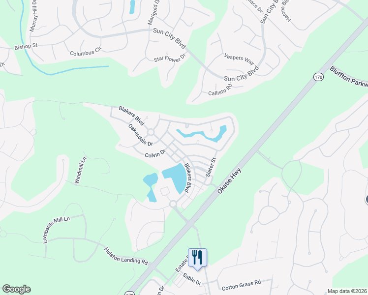 map of restaurants, bars, coffee shops, grocery stores, and more near 271 Pickett Mill Boulevard in Okatie