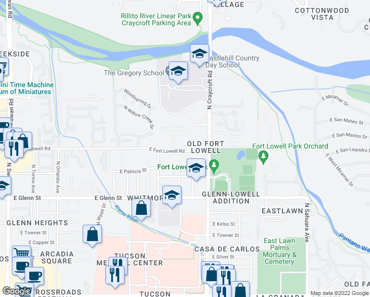 map of restaurants, bars, coffee shops, grocery stores, and more near 5425 East Fort Lowell Road in Tucson