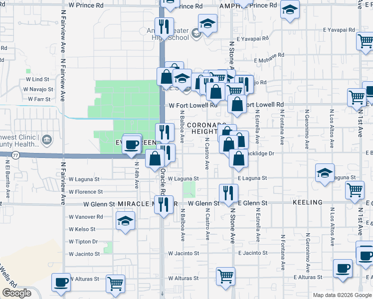 map of restaurants, bars, coffee shops, grocery stores, and more near 3036 North Balboa Avenue in Tucson