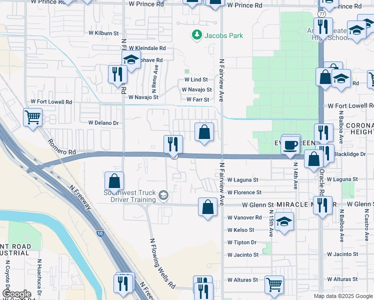 map of restaurants, bars, coffee shops, grocery stores, and more near 1130 West Miracle Mile in Tucson