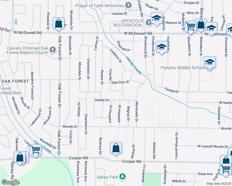 map of restaurants, bars, coffee shops, grocery stores, and more near 1221 Tara Road in Jackson