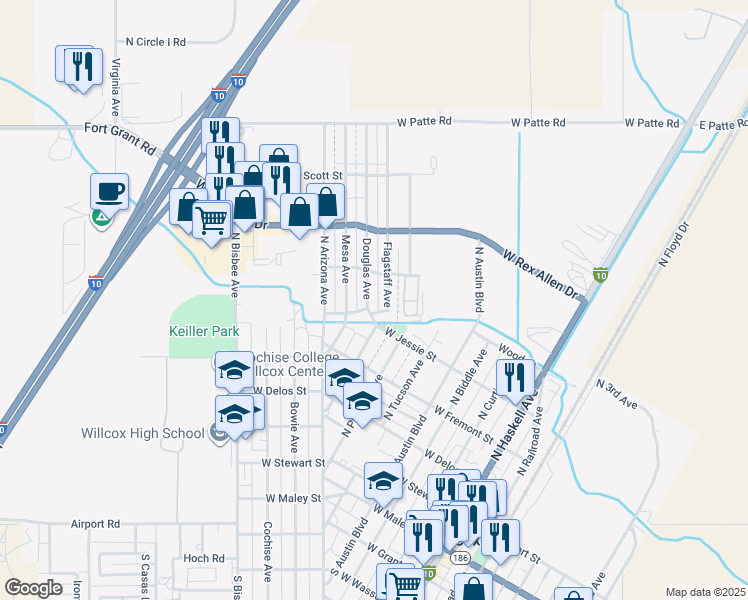 map of restaurants, bars, coffee shops, grocery stores, and more near 706 Douglas Avenue in Willcox