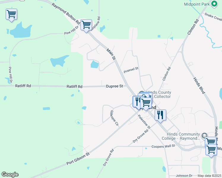 map of restaurants, bars, coffee shops, grocery stores, and more near 129 Dupree St in Raymond
