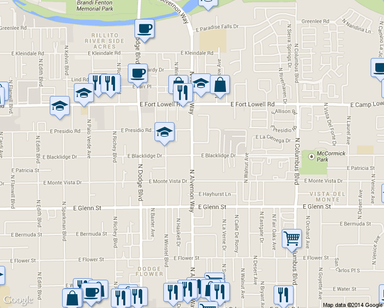 map of restaurants, bars, coffee shops, grocery stores, and more near 3003 North Alvernon Way in Tucson