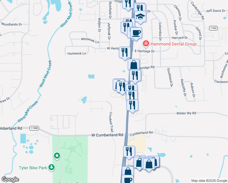 map of restaurants, bars, coffee shops, grocery stores, and more near Shore Crest Drive in Tyler