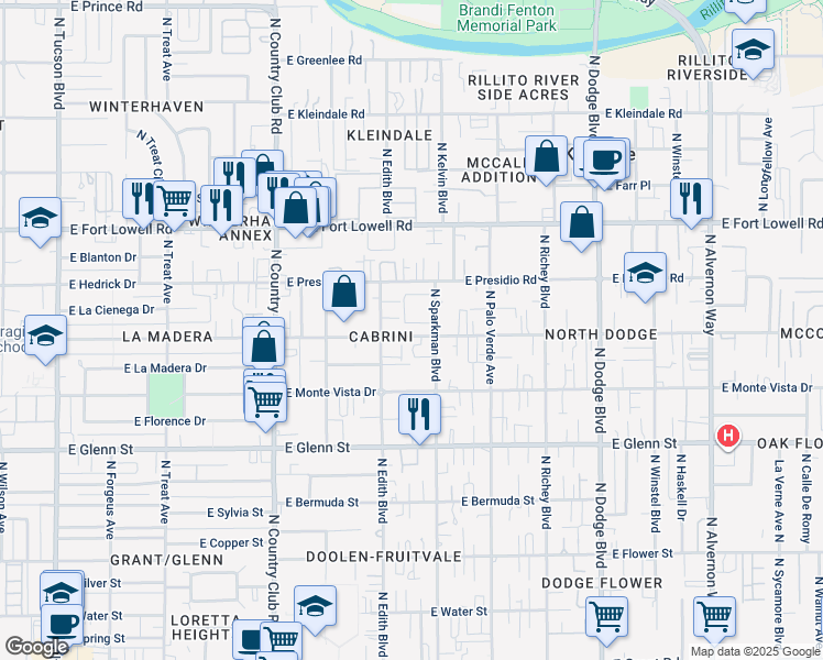 map of restaurants, bars, coffee shops, grocery stores, and more near in Tucson
