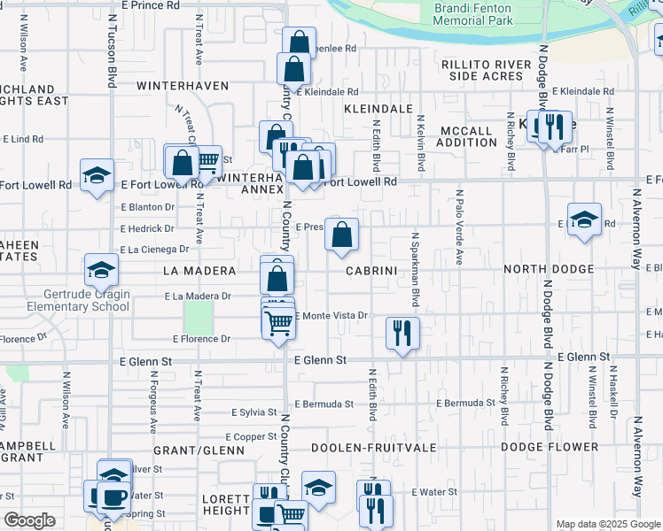 map of restaurants, bars, coffee shops, grocery stores, and more near 3031 North Flanwill Boulevard in Tucson