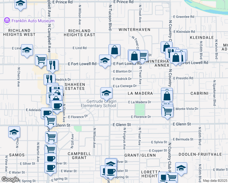 map of restaurants, bars, coffee shops, grocery stores, and more near 2534 East La Cienega Drive in Tucson
