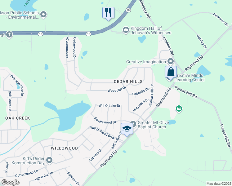 map of restaurants, bars, coffee shops, grocery stores, and more near 336 Woodcliff Drive in Jackson