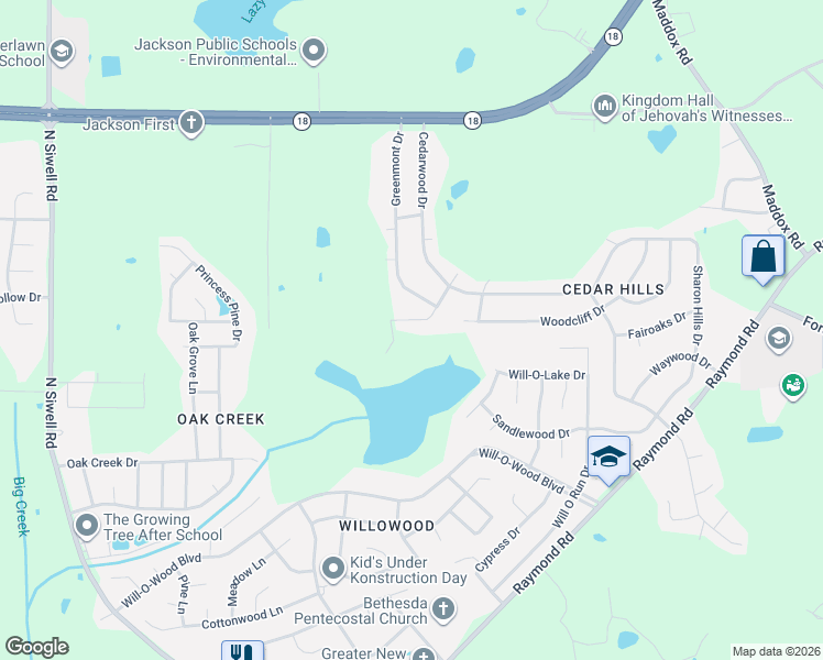map of restaurants, bars, coffee shops, grocery stores, and more near 537 Winnwood in Jackson