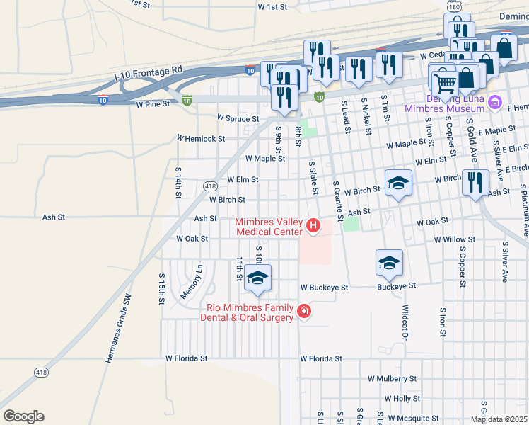 map of restaurants, bars, coffee shops, grocery stores, and more near 1000-1098 West Birch Street in Deming