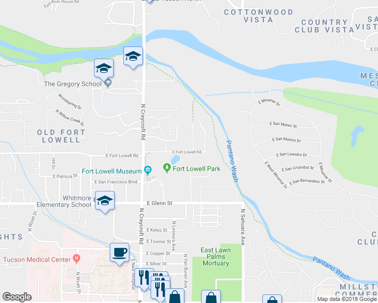 map of restaurants, bars, coffee shops, grocery stores, and more near 5668 East Fort Lowell Road in Tucson