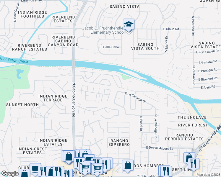 map of restaurants, bars, coffee shops, grocery stores, and more near 7345 East Cascada Circle in Tucson