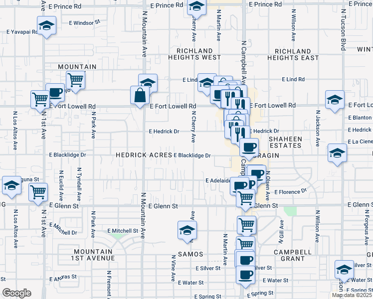 map of restaurants, bars, coffee shops, grocery stores, and more near 1525 East Blacklidge Drive in Tucson