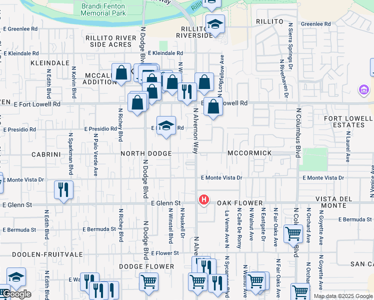 map of restaurants, bars, coffee shops, grocery stores, and more near 3003 North Alvernon Way in Tucson