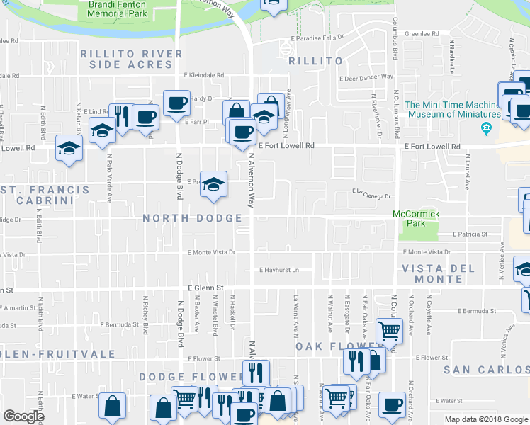 map of restaurants, bars, coffee shops, grocery stores, and more near 3932 East Fraedrich Drive in Tucson