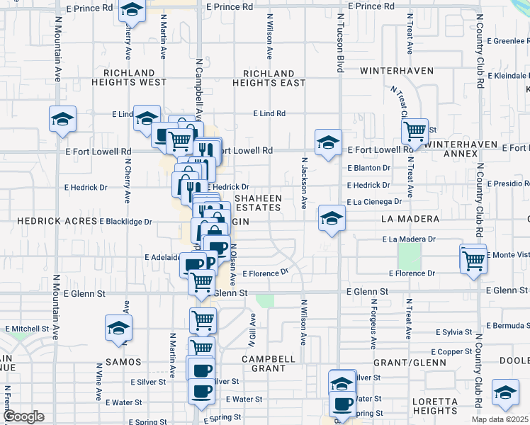map of restaurants, bars, coffee shops, grocery stores, and more near 3031 North Wilson Avenue in Tucson