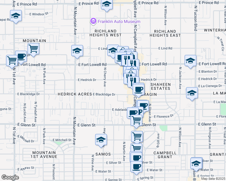 map of restaurants, bars, coffee shops, grocery stores, and more near 3052 North Cherry Avenue in Tucson