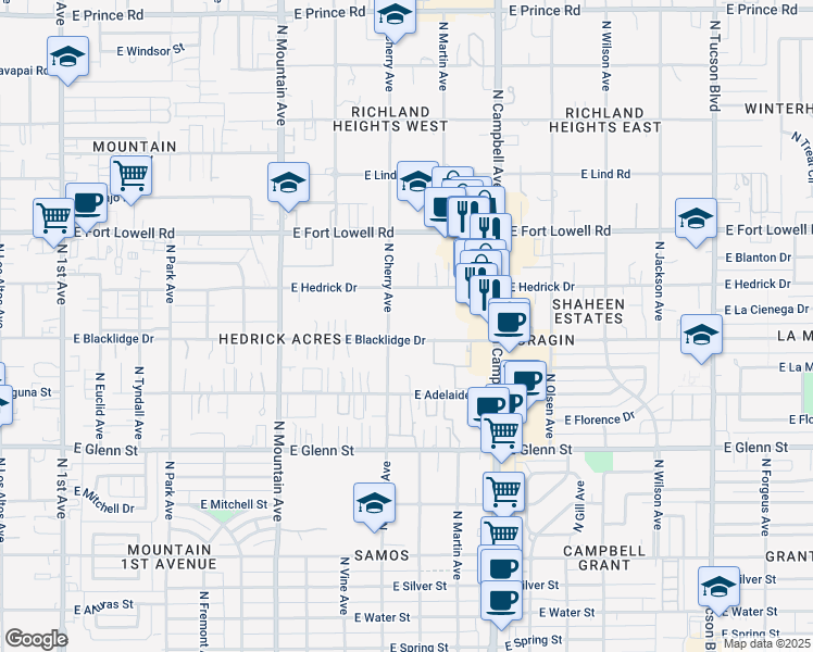 map of restaurants, bars, coffee shops, grocery stores, and more near 3052 North Cherry Avenue in Tucson