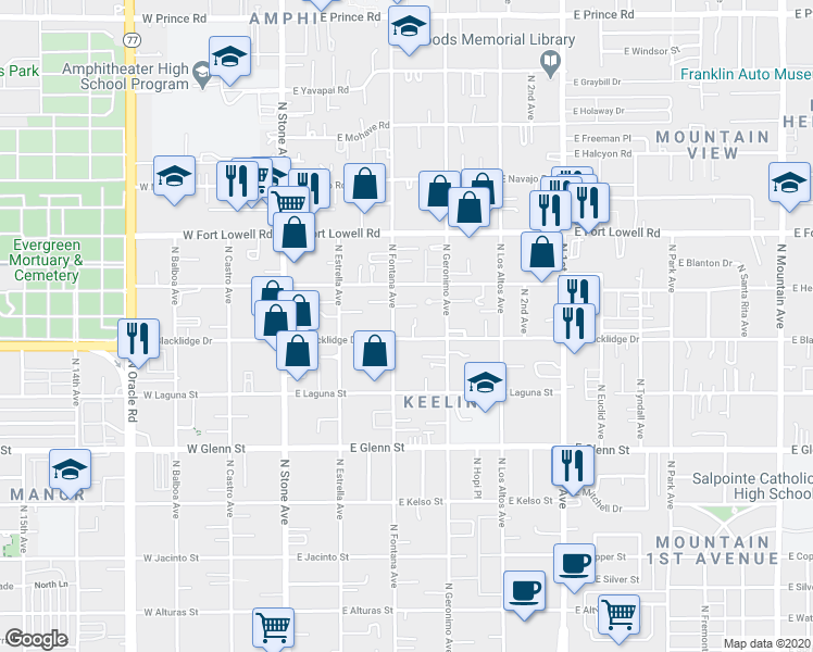 map of restaurants, bars, coffee shops, grocery stores, and more near 319 East Blacklidge Drive in Tucson