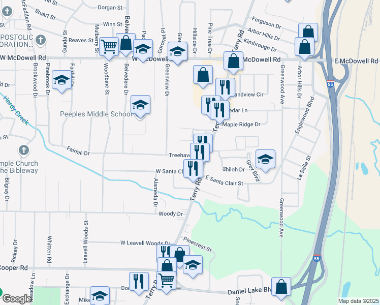 map of restaurants, bars, coffee shops, grocery stores, and more near 122 Treehaven Drive in Jackson