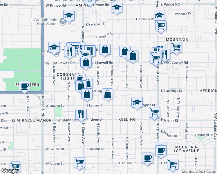 map of restaurants, bars, coffee shops, grocery stores, and more near 3015 North Fontana Avenue in Tucson