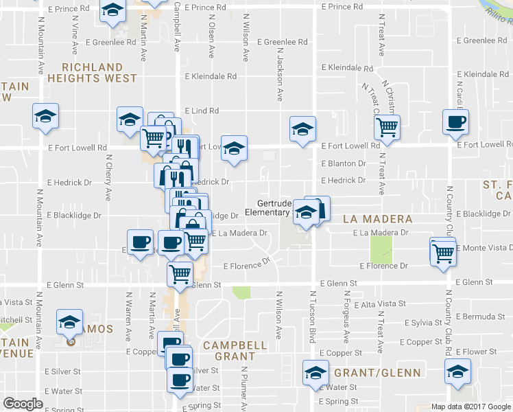 map of restaurants, bars, coffee shops, grocery stores, and more near 2213 East Blacklidge Drive in Tucson