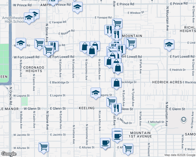 map of restaurants, bars, coffee shops, grocery stores, and more near 451 East Blacklidge Drive in Tucson