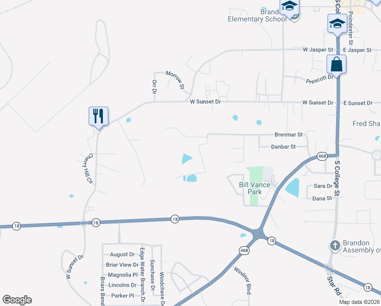 map of restaurants, bars, coffee shops, grocery stores, and more near 701-703 Brenmar Street in Brandon