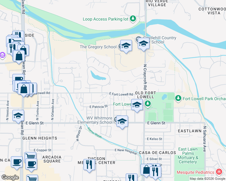 map of restaurants, bars, coffee shops, grocery stores, and more near 5301 East Fort Lowell Road in Tucson