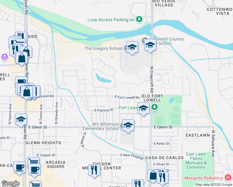 map of restaurants, bars, coffee shops, grocery stores, and more near 5301 East Fort Lowell Road in Tucson
