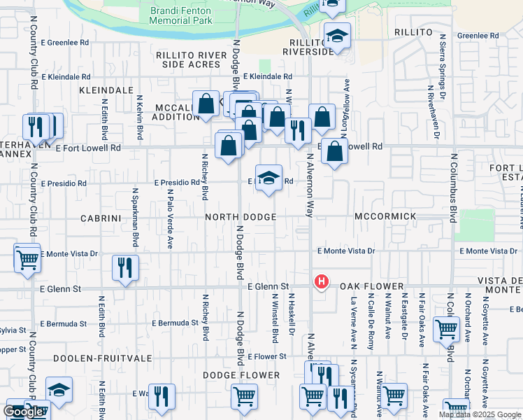 map of restaurants, bars, coffee shops, grocery stores, and more near 3729 East Blacklidge Drive in Tucson