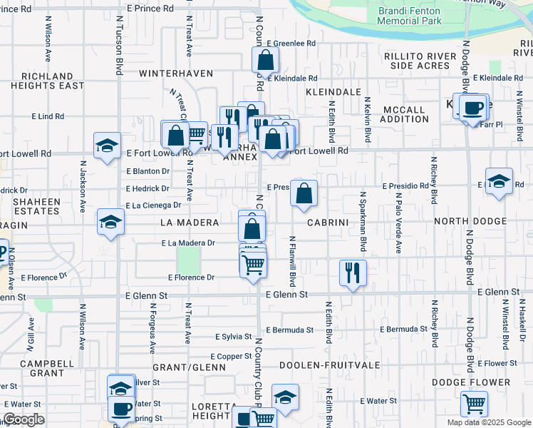 map of restaurants, bars, coffee shops, grocery stores, and more near 3020 North Country Club Road in Tucson