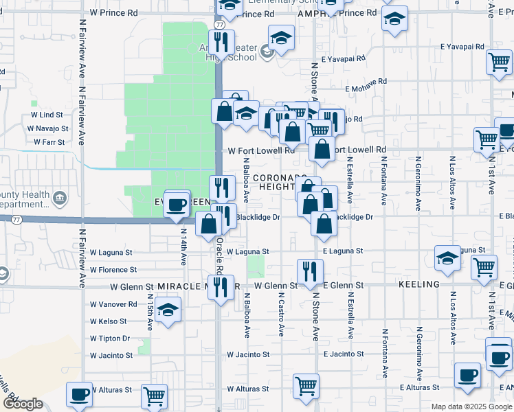 map of restaurants, bars, coffee shops, grocery stores, and more near 3036 North Balboa Avenue in Tucson