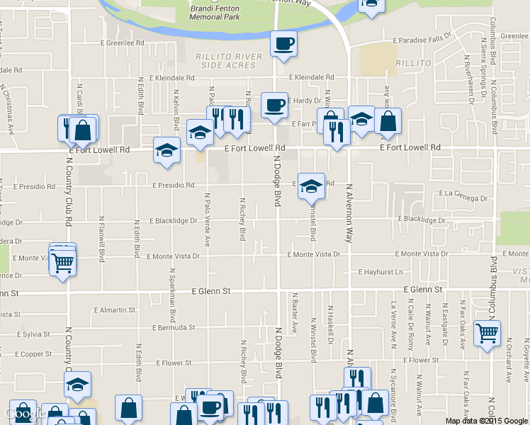 map of restaurants, bars, coffee shops, grocery stores, and more near 3641 East Blacklidge Drive in Tucson